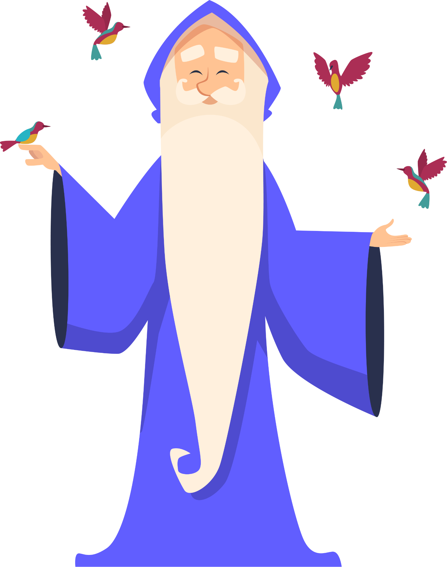 Ilustração do mago Merlin com pássaros
